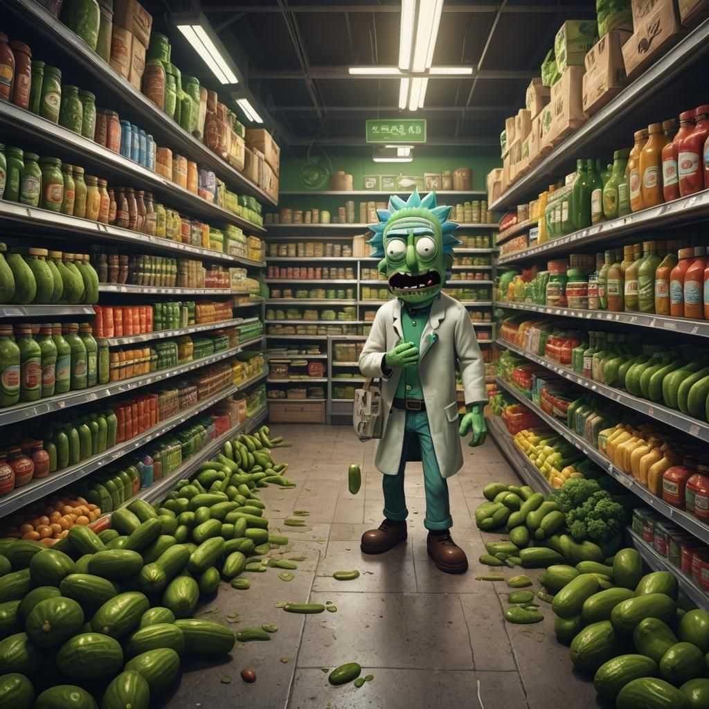 Pickle Rick in Supermarket, Detailed Matte Painting