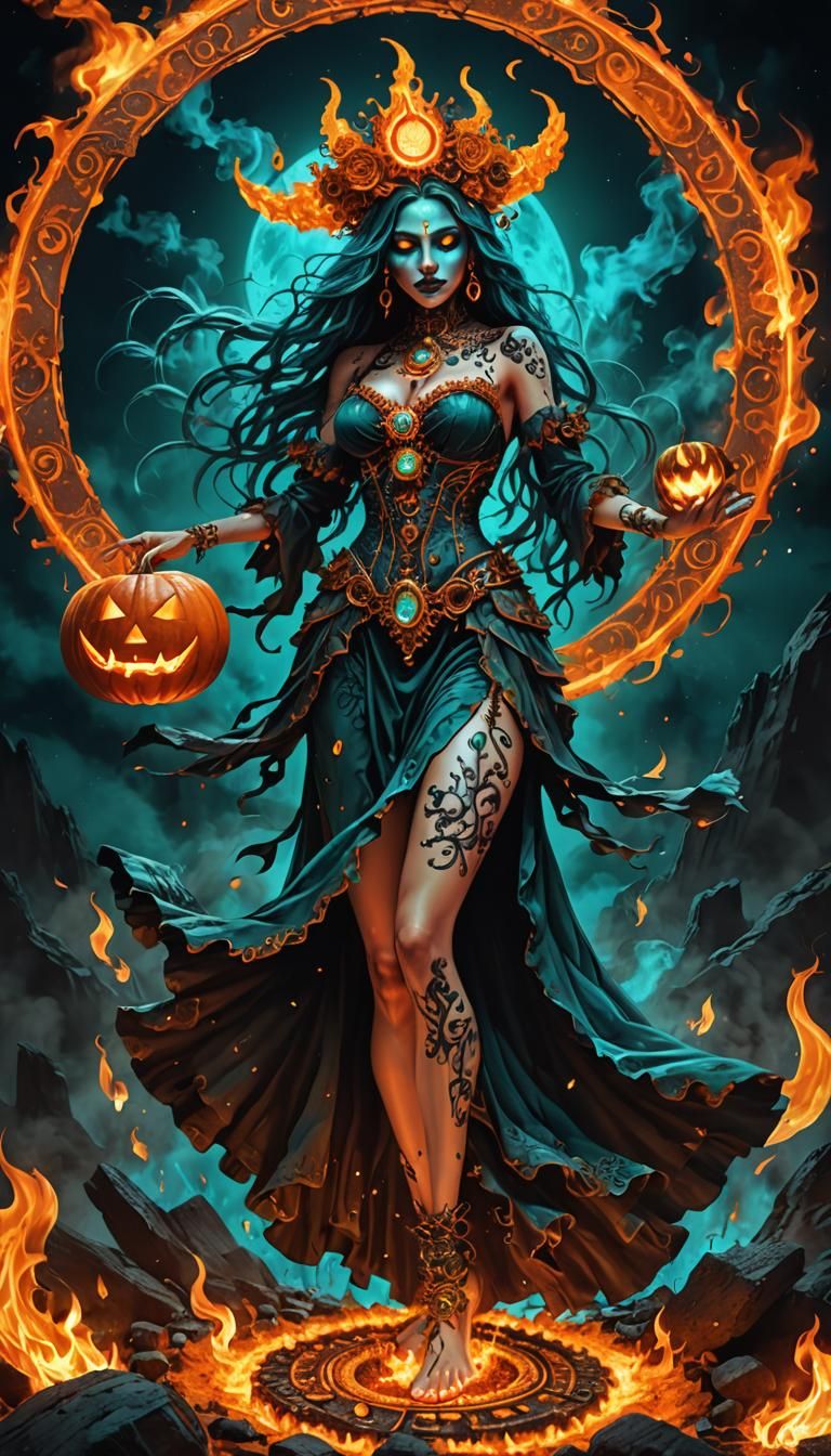 Ethereal Witch Dances on Fire in Surreal Landscape