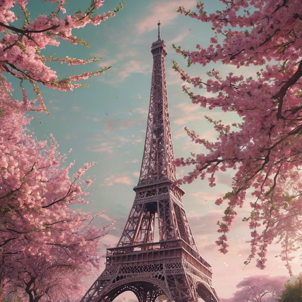 Eiffel Tower in Spring Cherry Blossom Concept Art