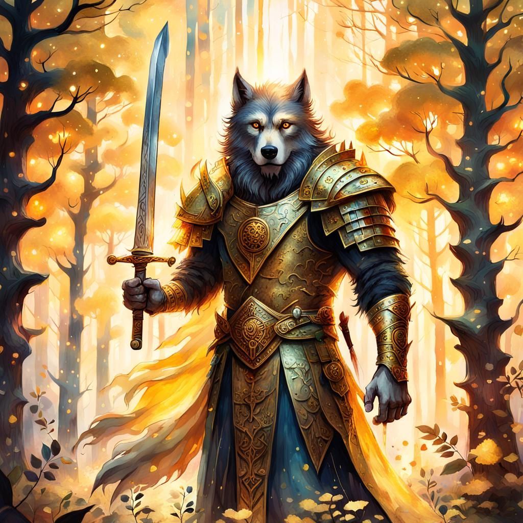 Werewolf Swordsman in Klimt-Inspired Forest