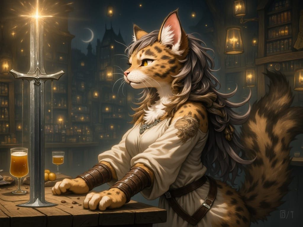 Fantasy Tavern Scene with Anthropomorphic Cat