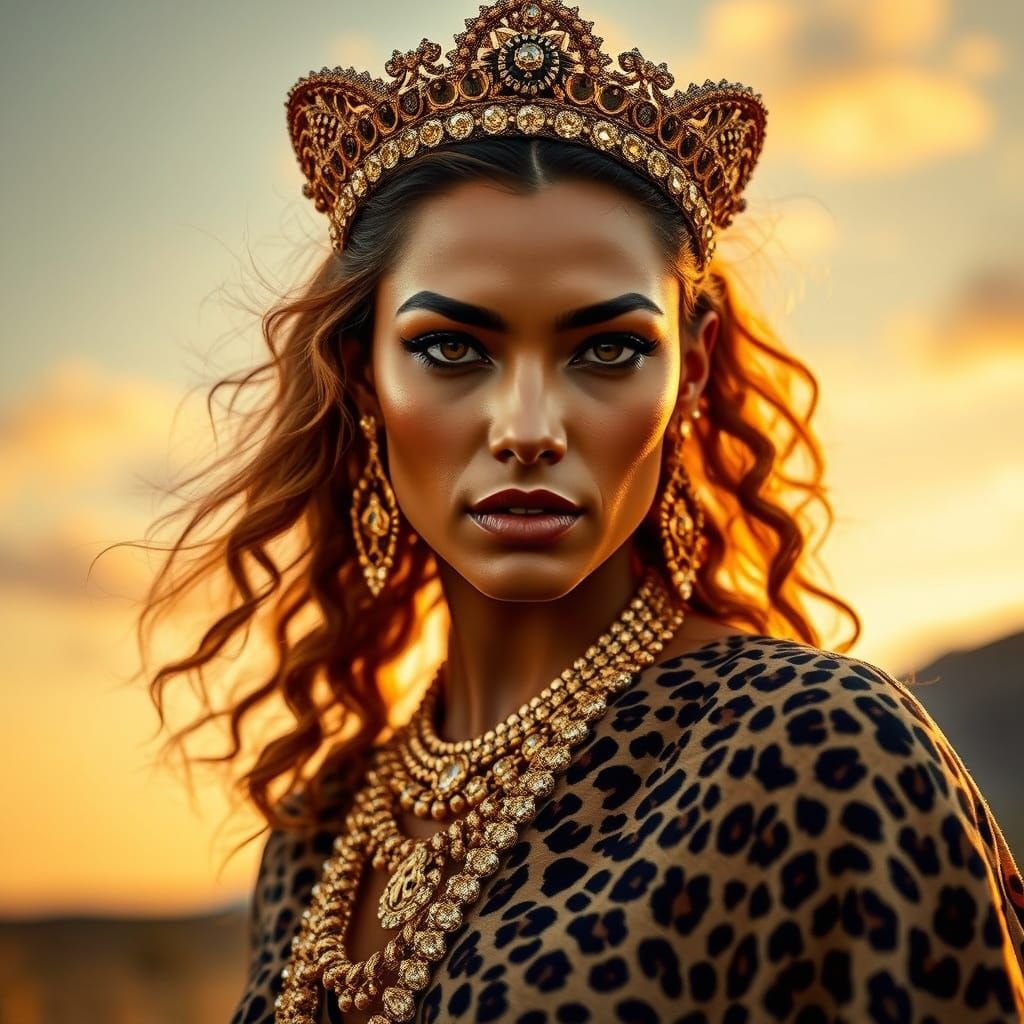 Wild Queen in Leopard Print and Gold Jewelry at Sunset