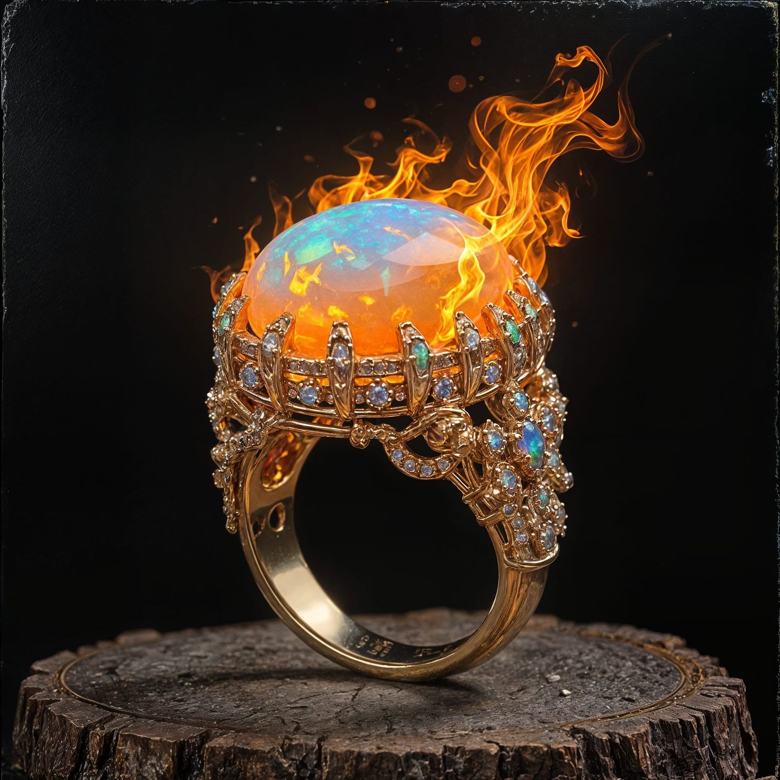 Flaming Fire Opal Ring in Epic Classical Painting Style