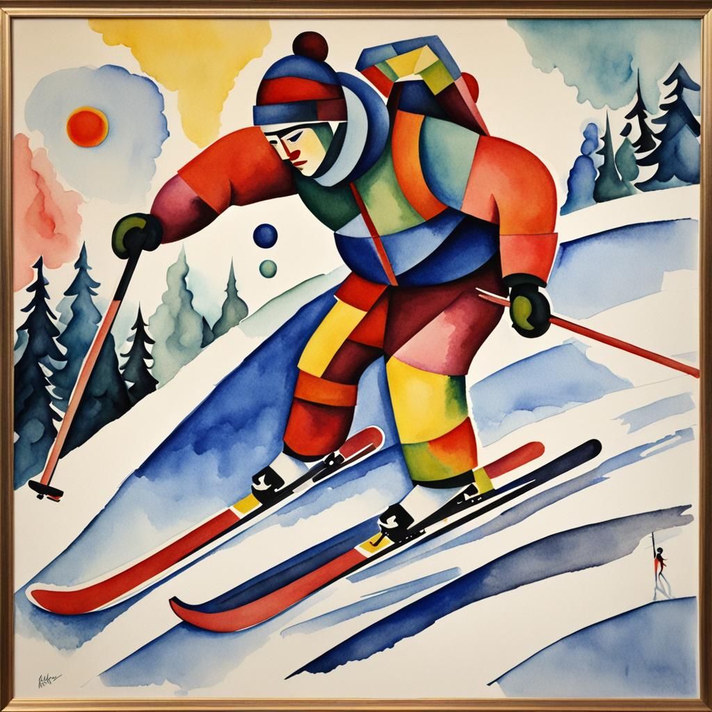 Cubist Skier in Watercolor Style