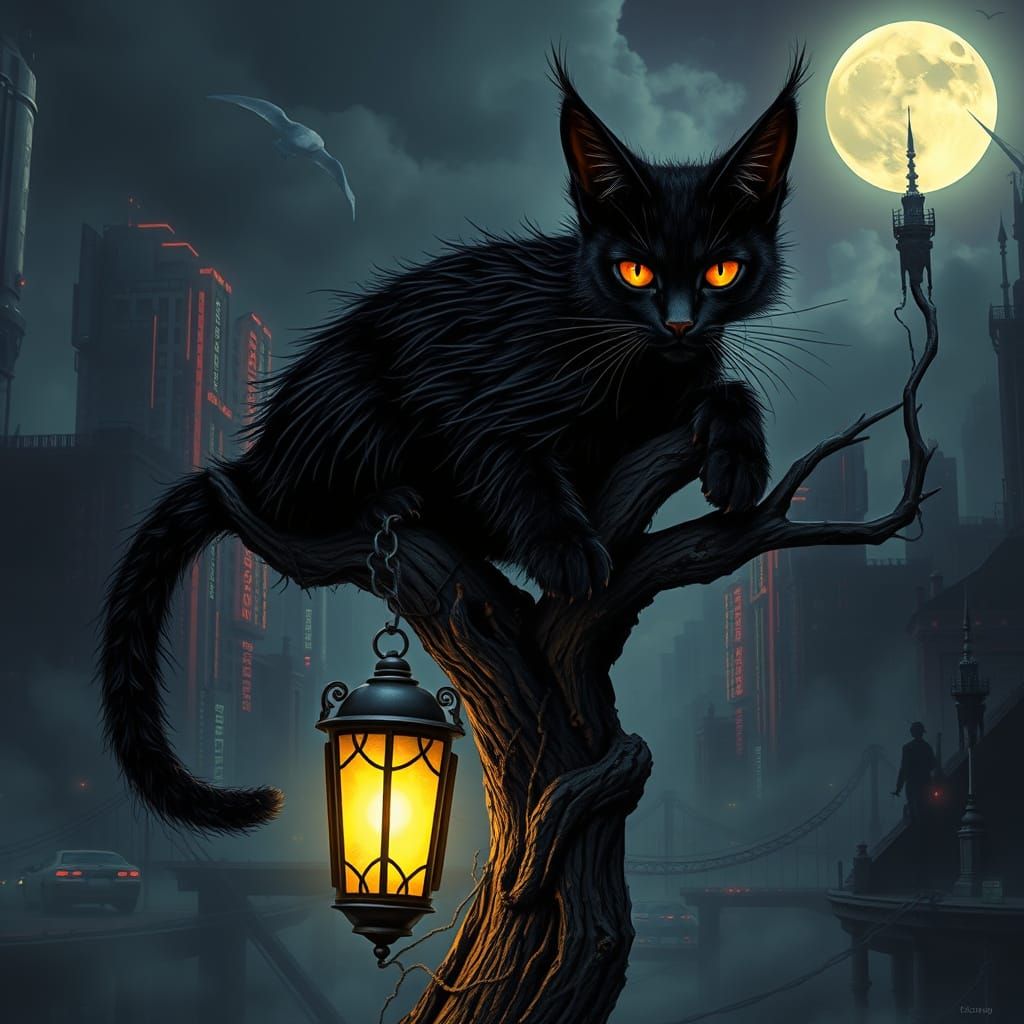 A sleek, elongated Shadow Lynx cat with a wiry, inky black coat, made of distinct, extremely long thick strands of unrul...