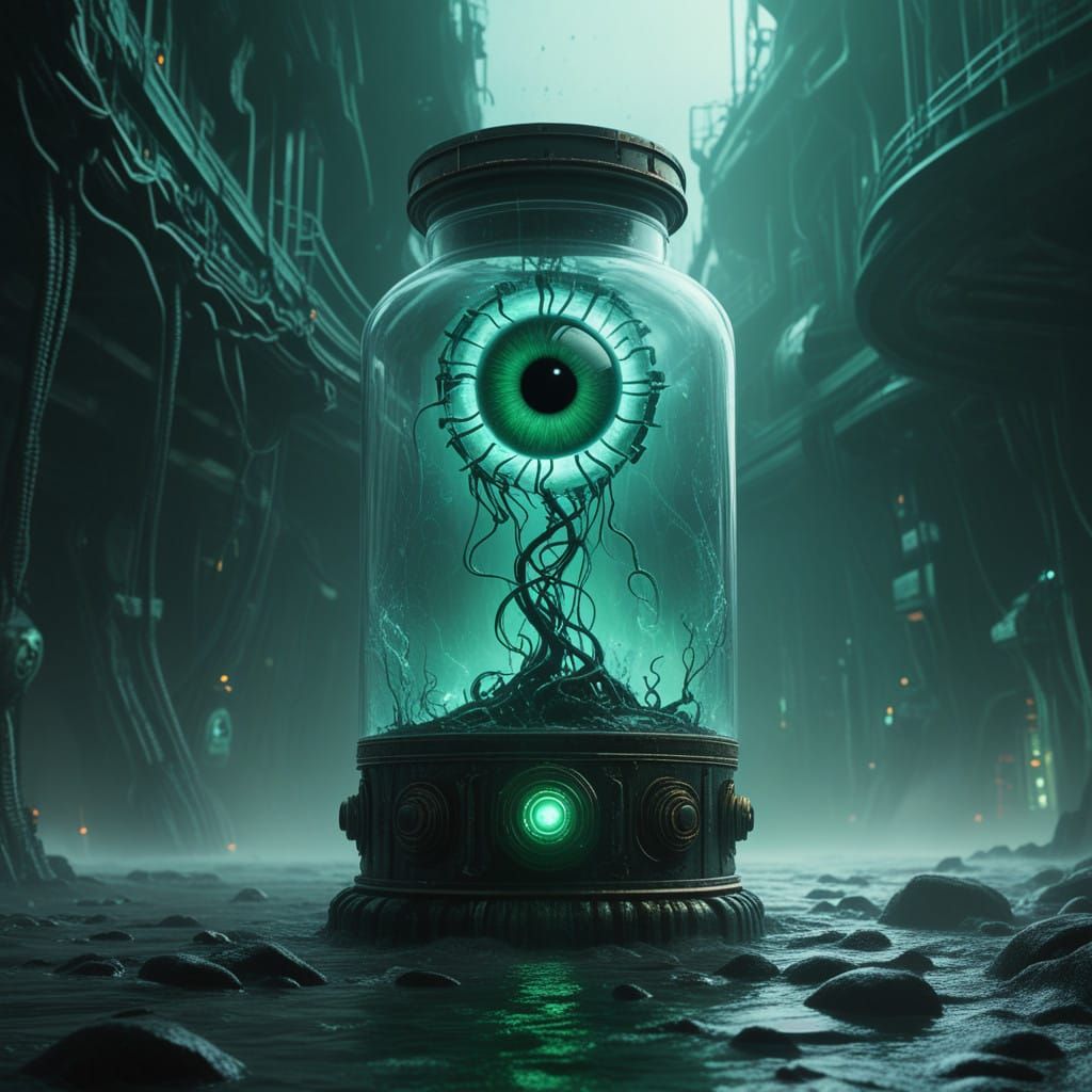 Biomechanical Glass Container in Turbulent, Futuristic Waves