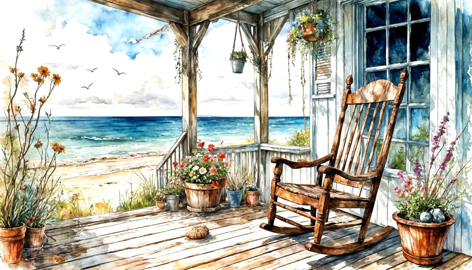 Seaside Cottage Rocking Chair in Watercolour Style