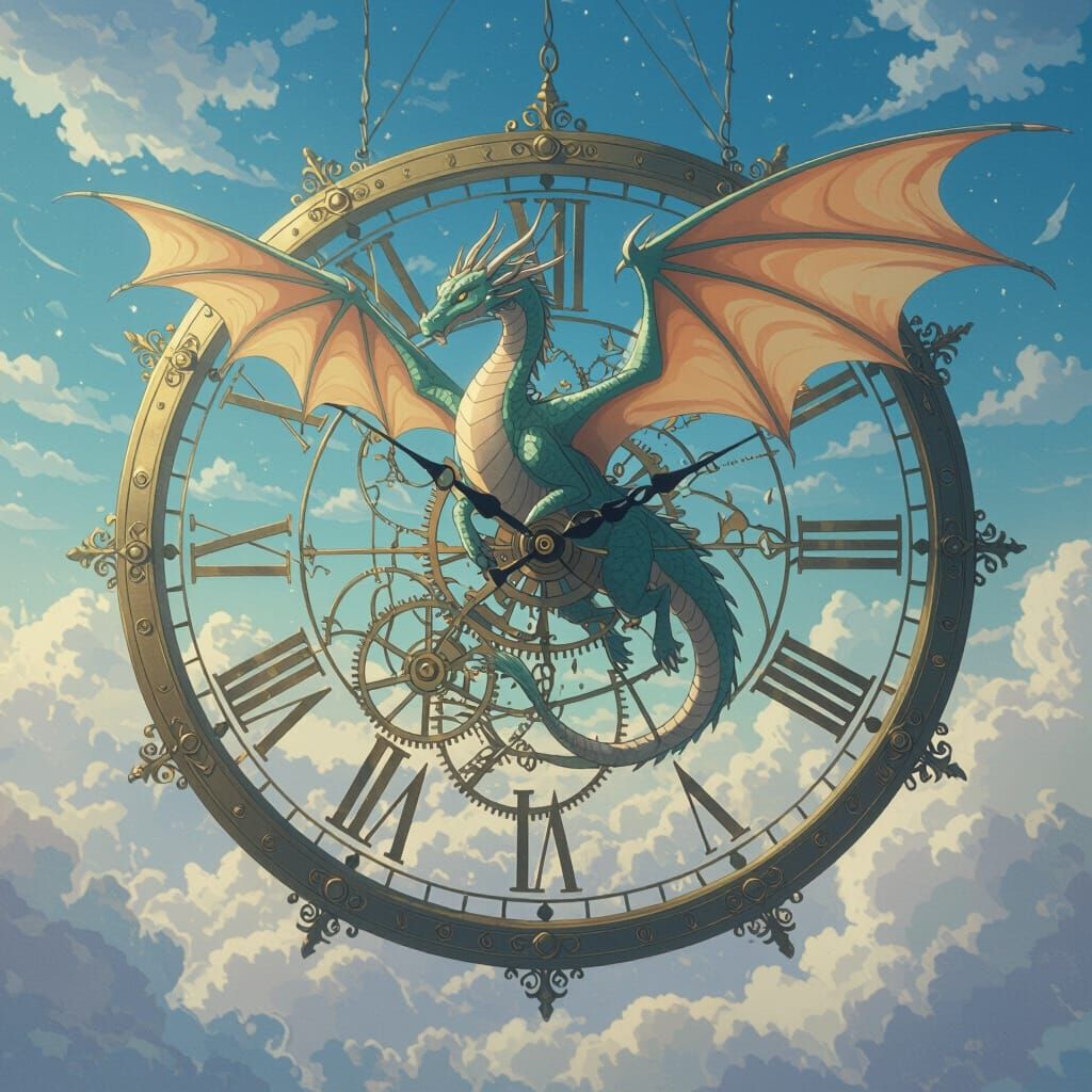 Dragon Soaring Through Mystical Clock Face