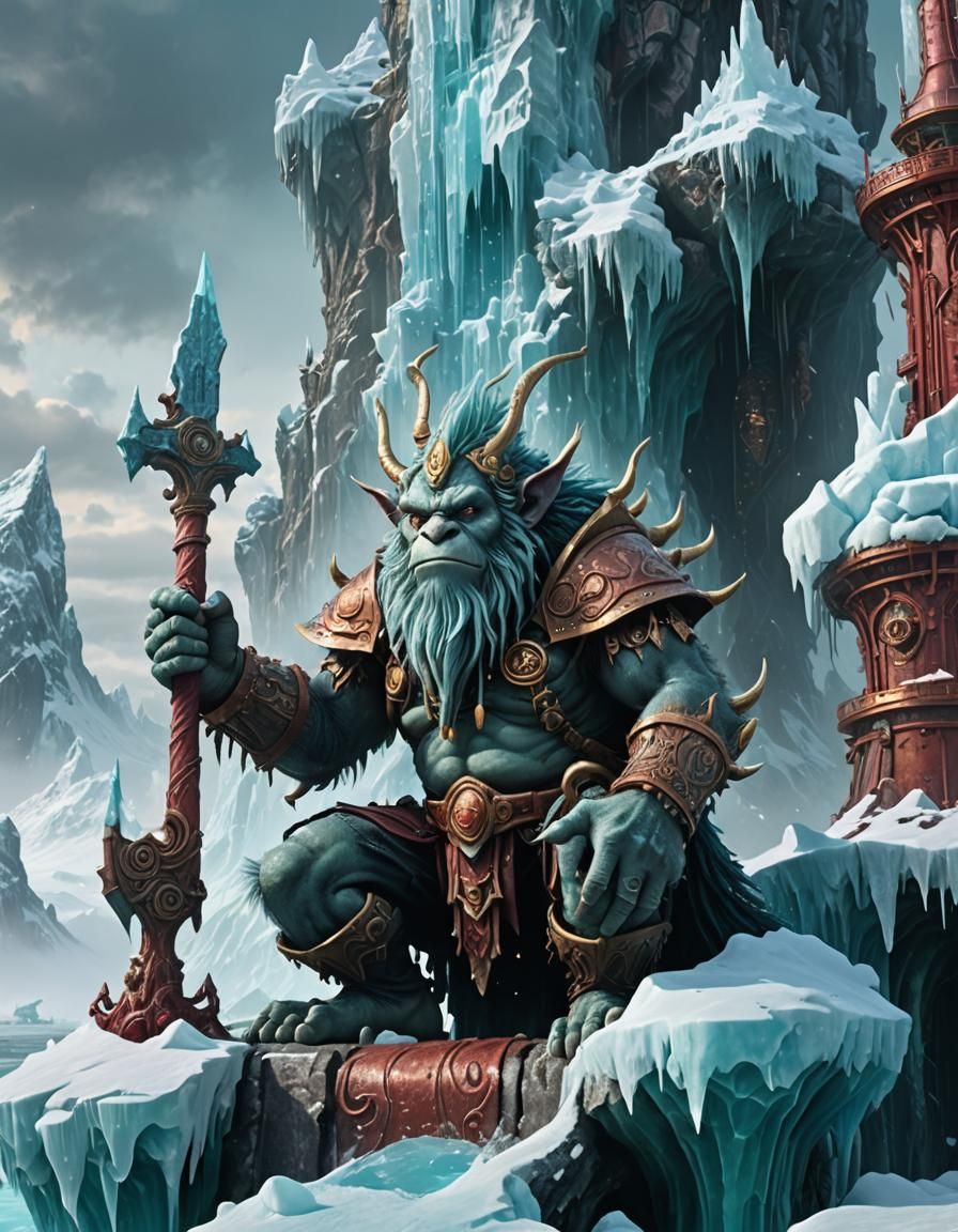Metallic Troll on Iceberg in Steampunk Style