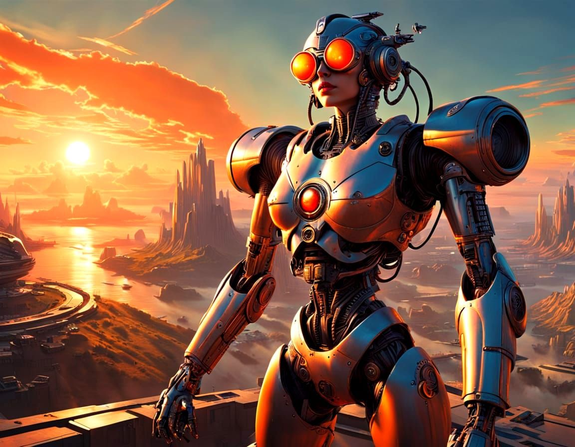 retroweird scifi cyborg sunset wideangle