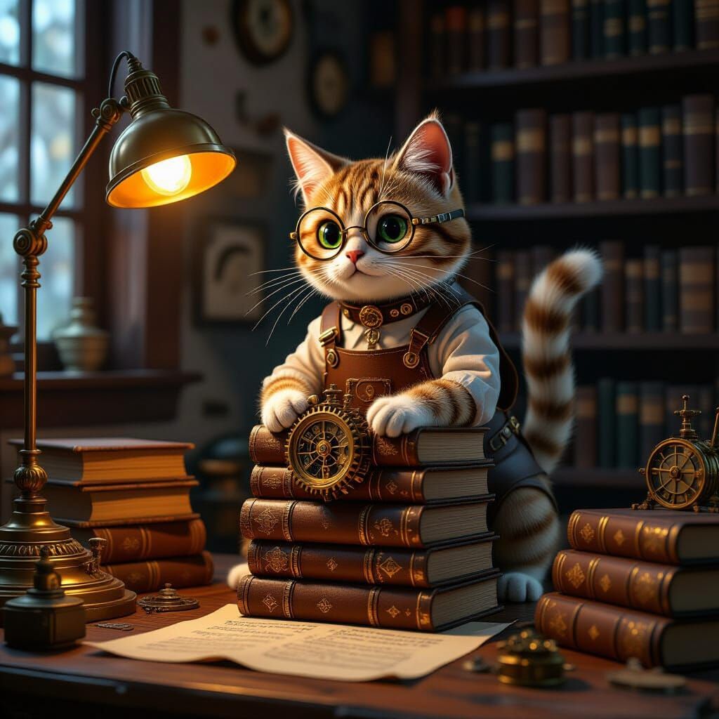 Steampunk Scribe Cat Automaton in Cosmic Horror Style