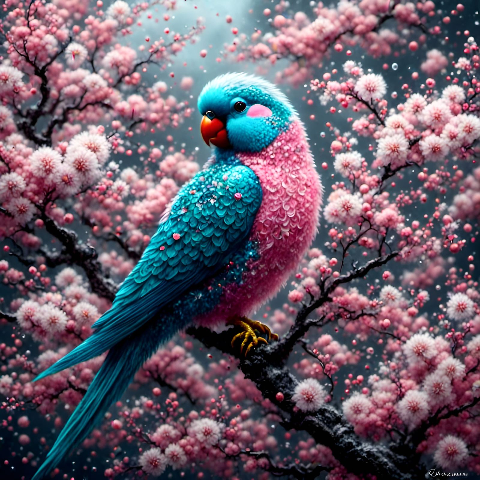 Crystal Parakeet in Cherry Blossom Tree: Digital Art