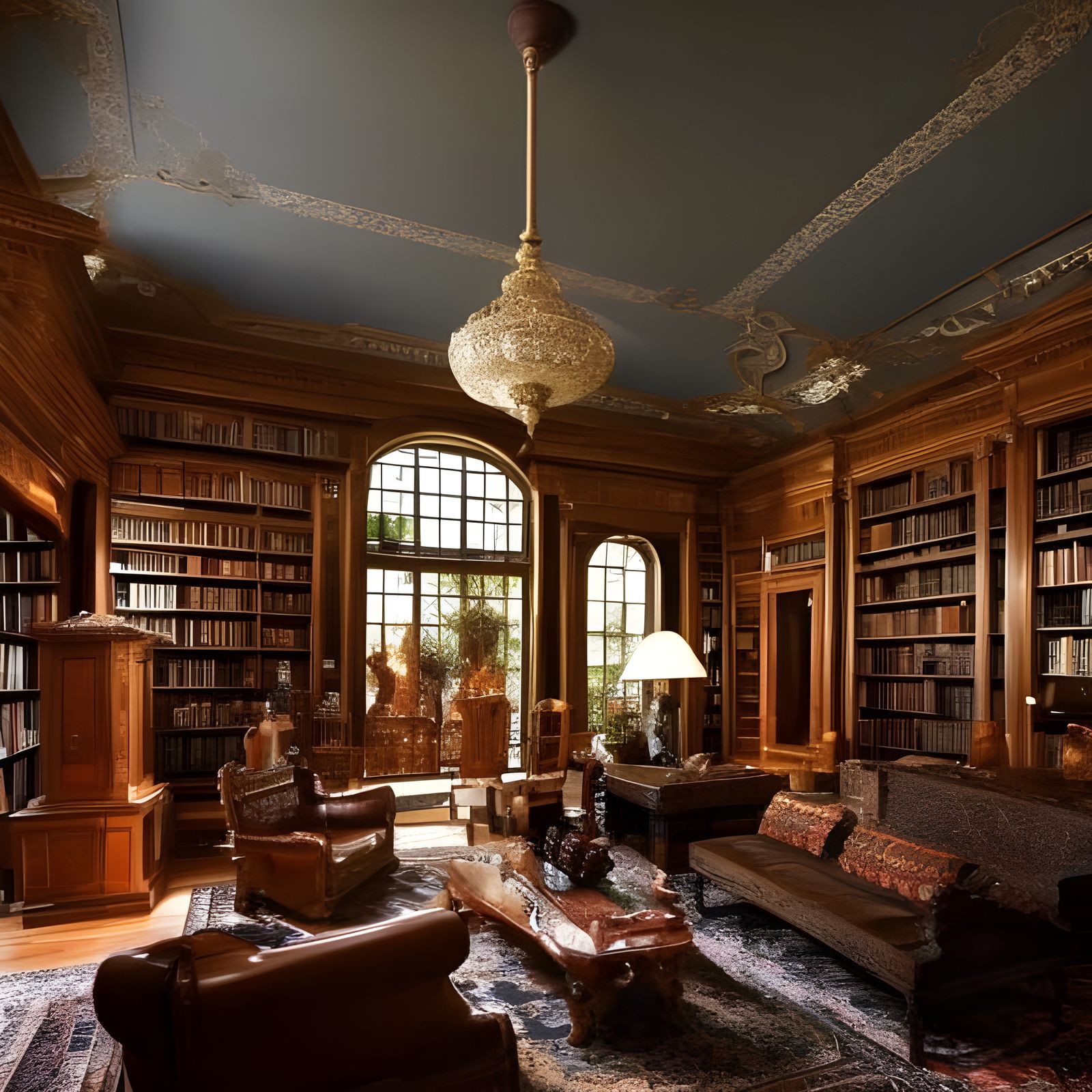 Surreal Library Interior with Optical Illusions