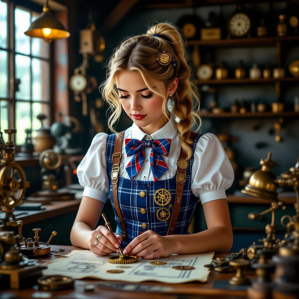 Steampunk Schoolgirl Tinkers in Clockwork Workshop