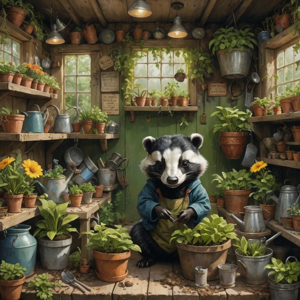 Chibi Badger Gardener in Whimsical Forest Scene