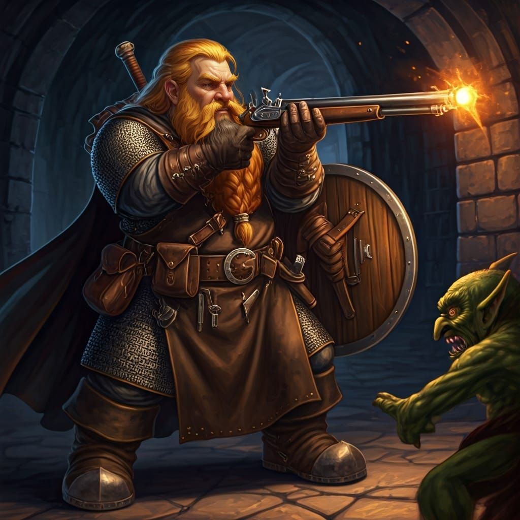 A male dwarven forge cleric of Moradin wielding a musket.