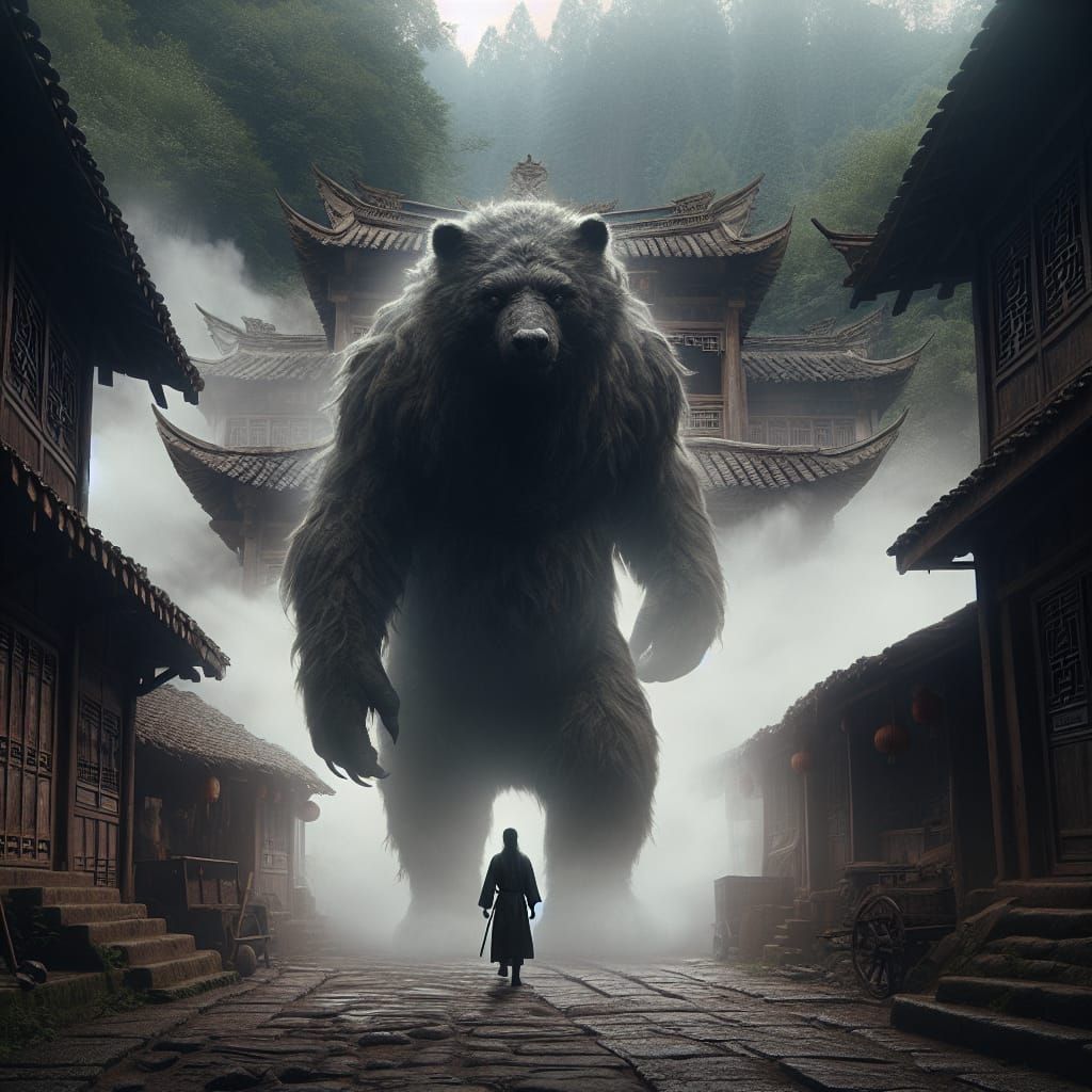 Mythical Bear-Eagle Creature in Ancient Village