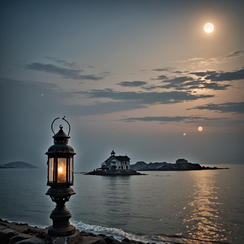 Lantern Light in Endless Night: Hyperrealistic Seascape