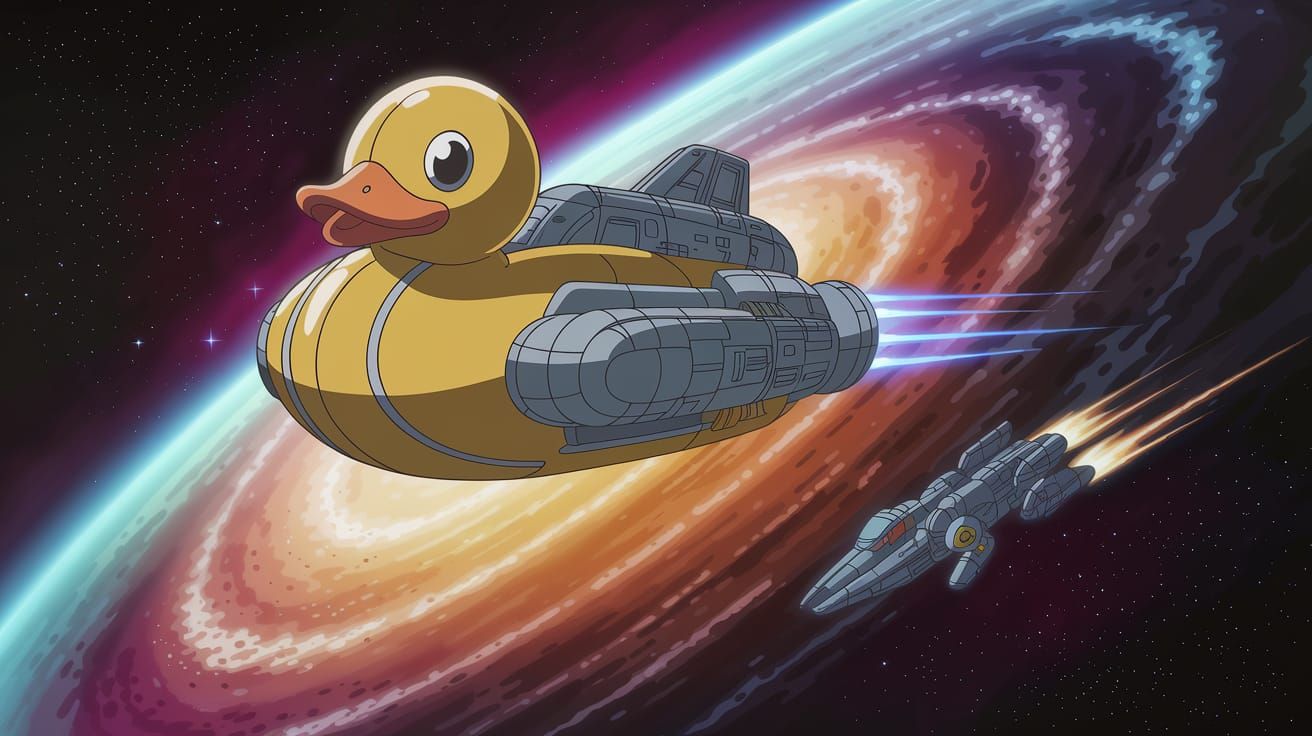 Cosmic Rubber Duck Spaceship Chased by Dog-Shaped Ship in An...