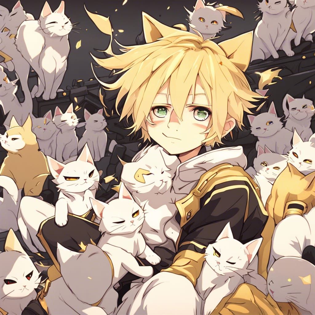 Kagamine Len Leads an Army of Cats in Anime Style
