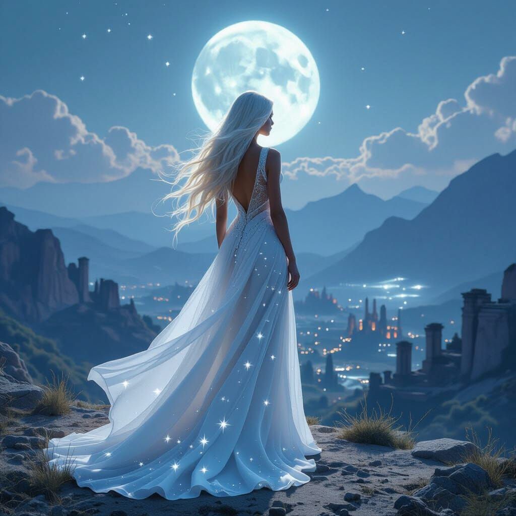 Ethereal Woman in Cosmic Landscape, Digital Illustration