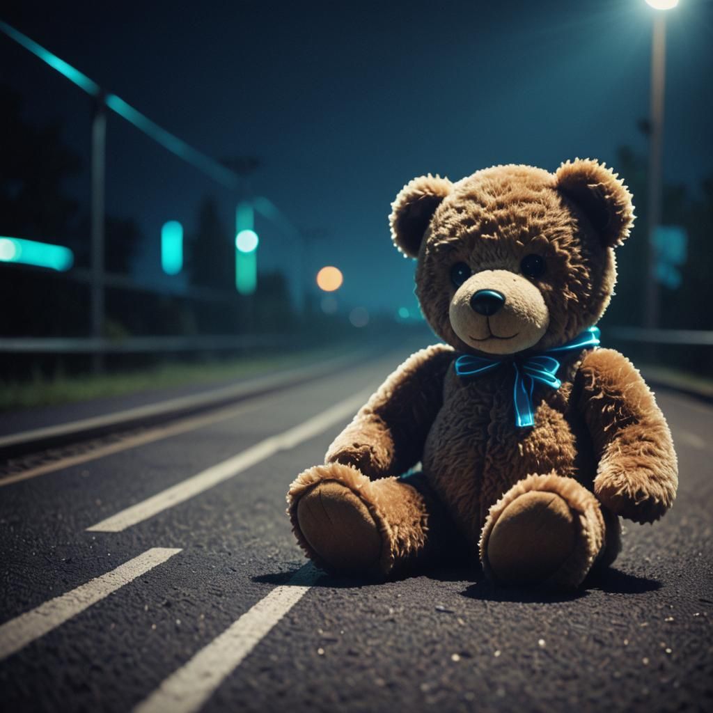 Creepy Neon Teddy Bear in Cinematic Style