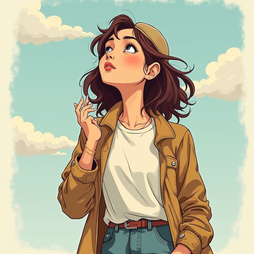 Contemplative Cartoon Woman in Manga Style