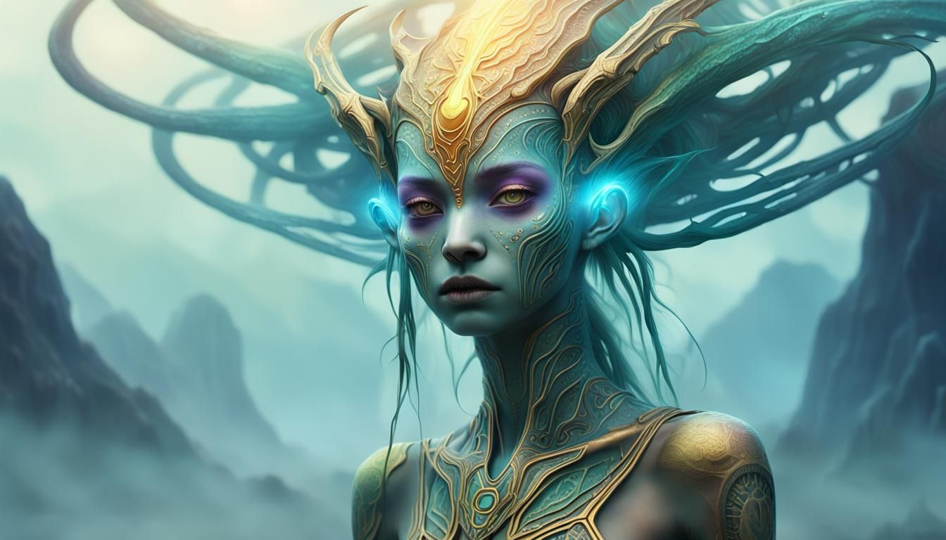 Surreal Alien Tribe Member in Dreamlike Landscape