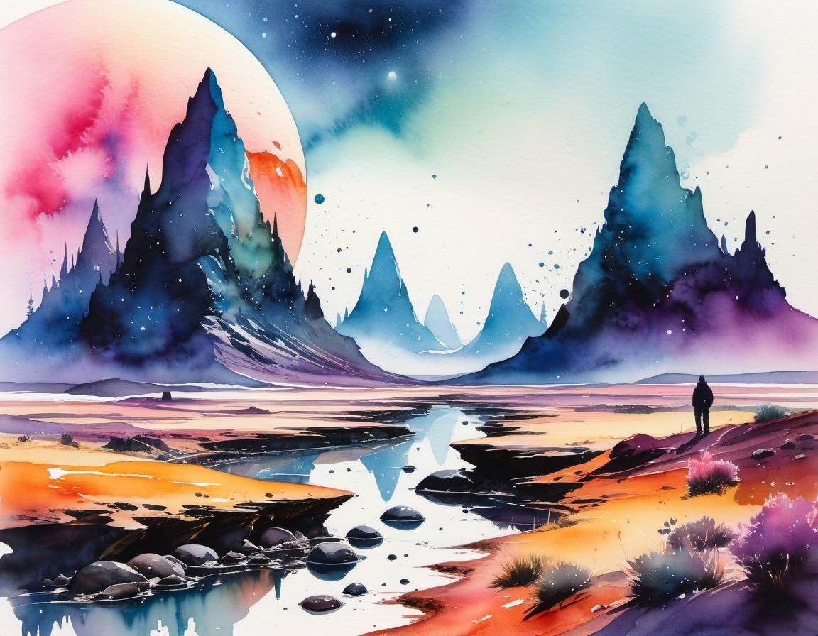 Watercolor Alien Landscape Double Exposure Art