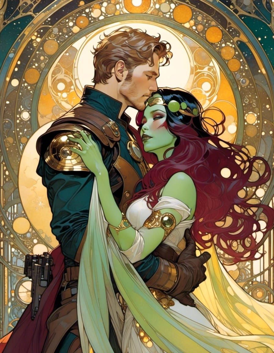 Star-Lord and Gamora in Art Nouveau Style