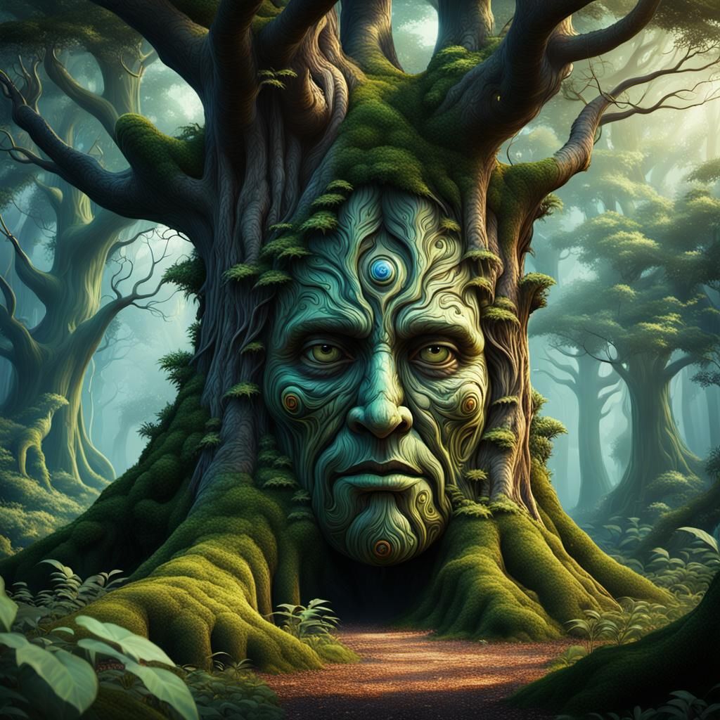 Enchanted Druid Forest with Faces: Detailed Matte Painting