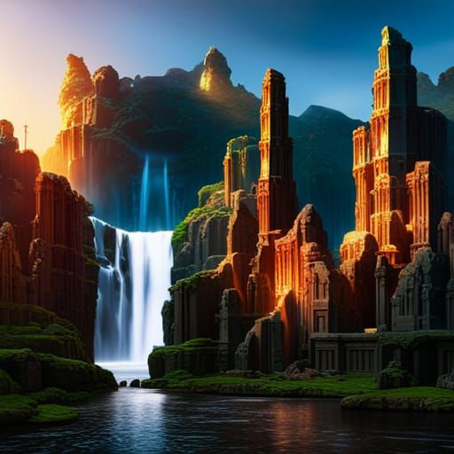 Colorful Ancient Ruins Waterfall Sunset: Matte Painting