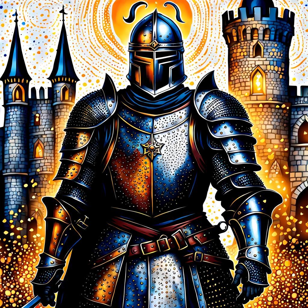 Pointillist Dark Knight in Gothic Armor