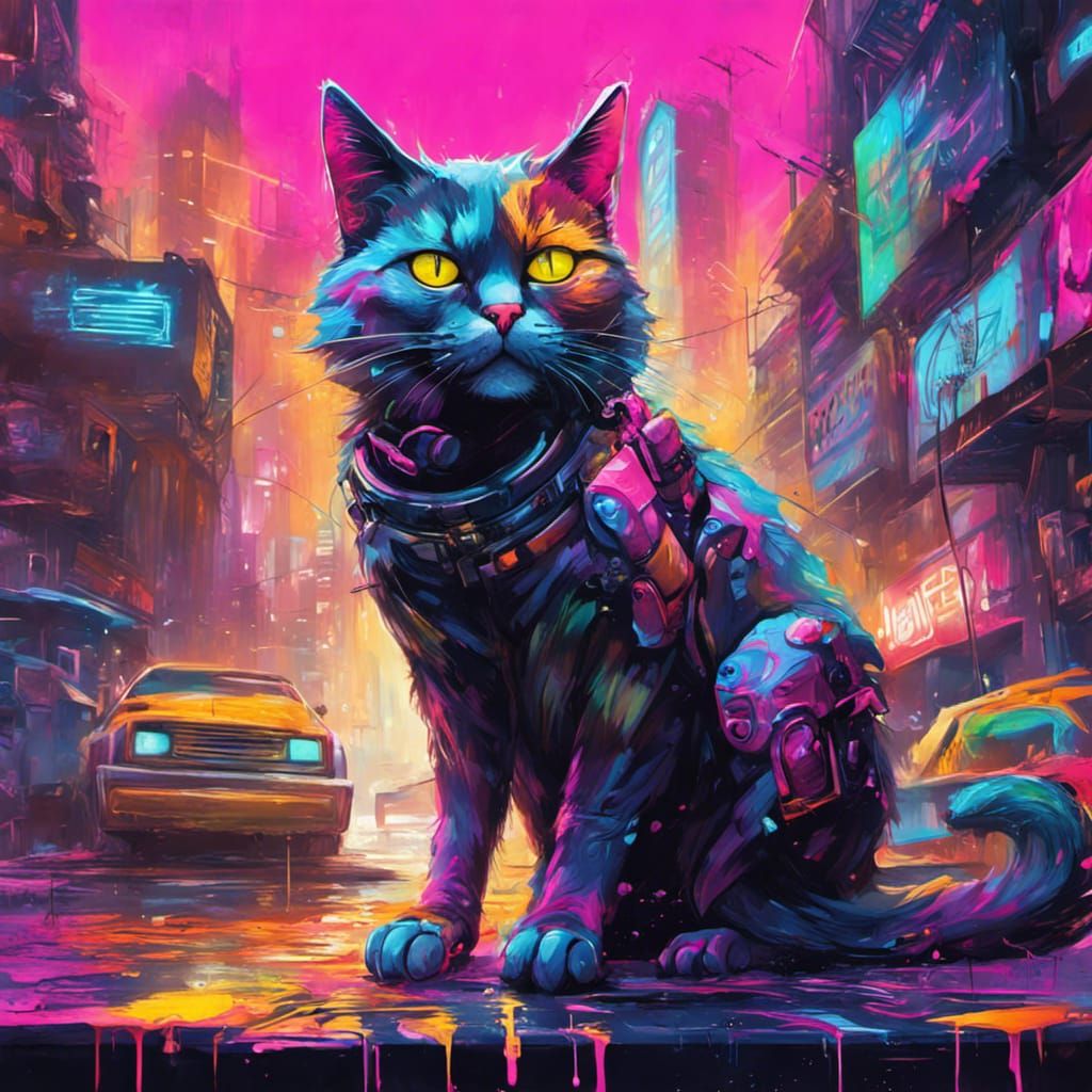 Cyberpunk Cat in Neon City: Graffiti Art