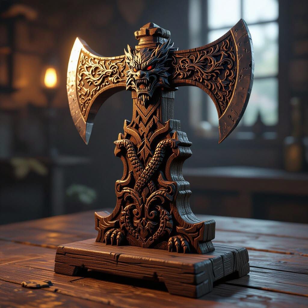 Dragon Carved Hatchet Display Stand in Epic 3D Lighting