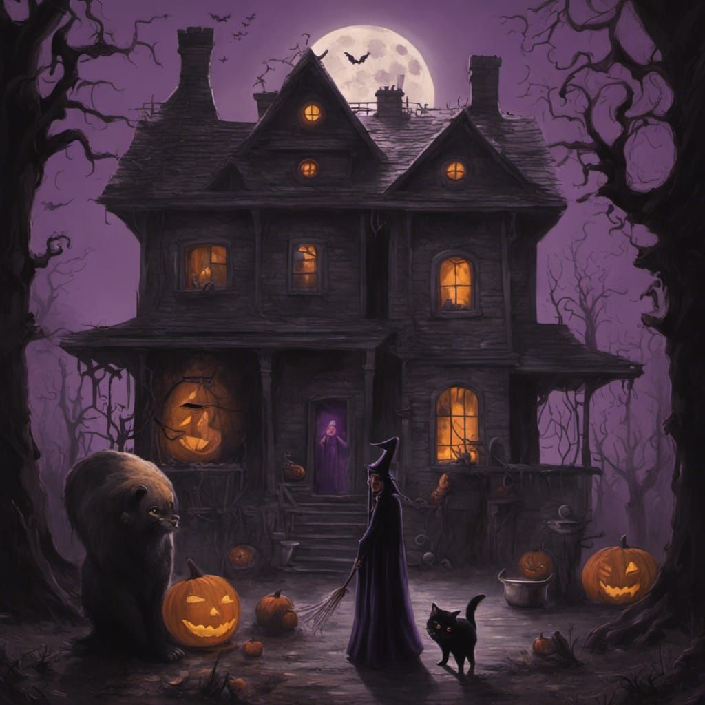 Halloween Witch Stirring Pot in Haunted House