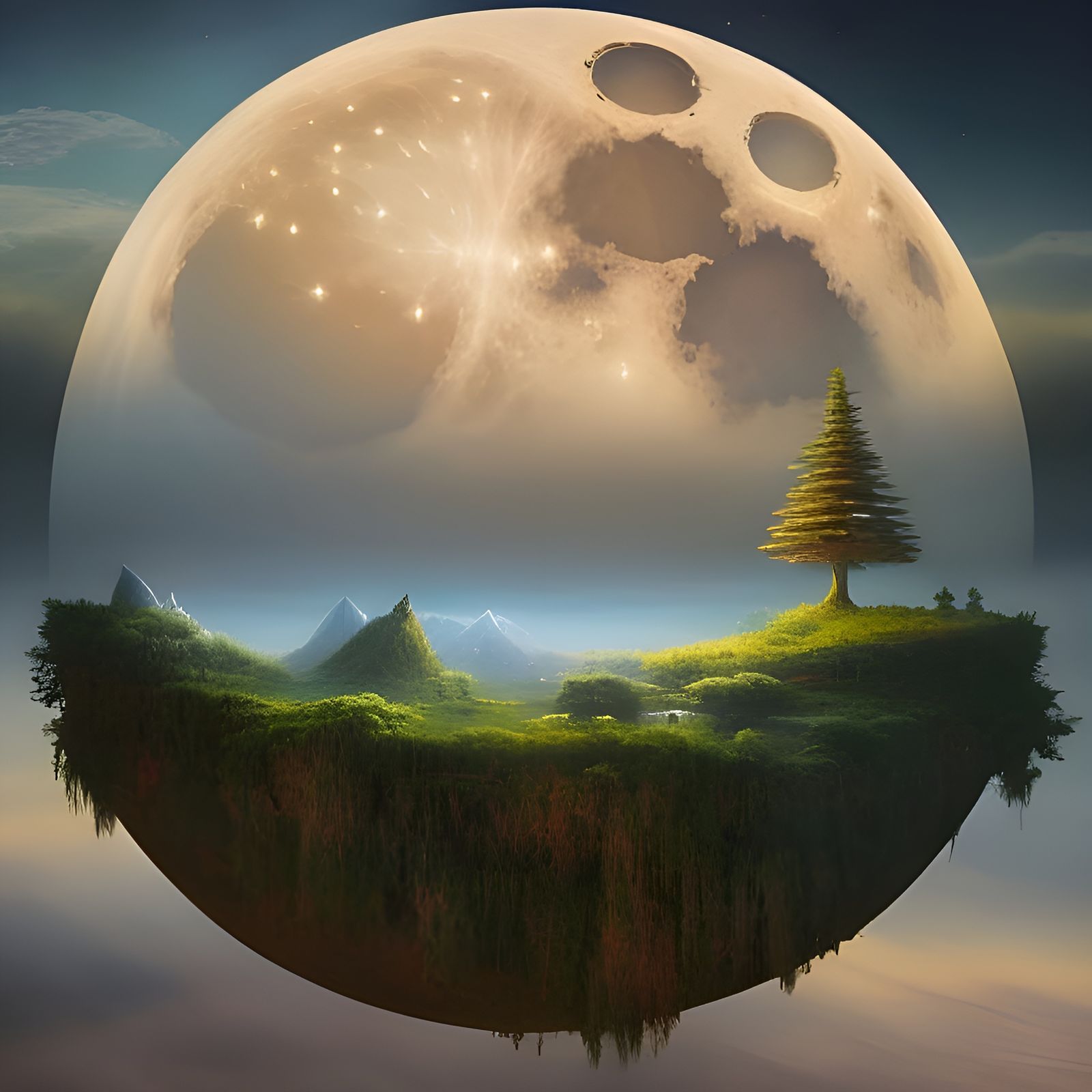 Ethereal Floating Island Moon in Fantasy Sky