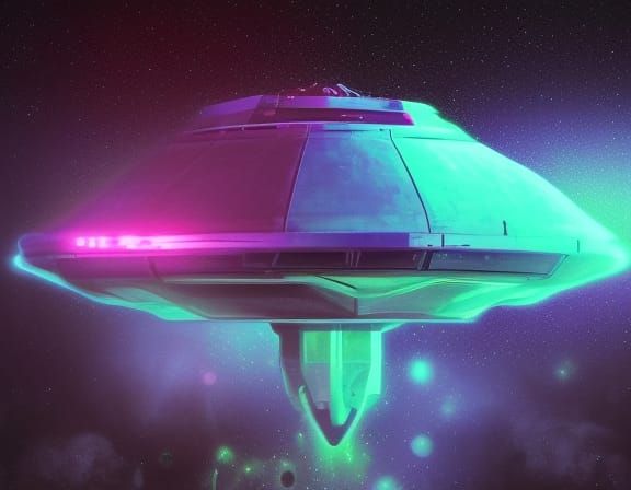 UFO spaceship dreadnaught style synthwave neon retro sci-fi Hyperrealistic, splash art, concept art, mid shot, intricate...