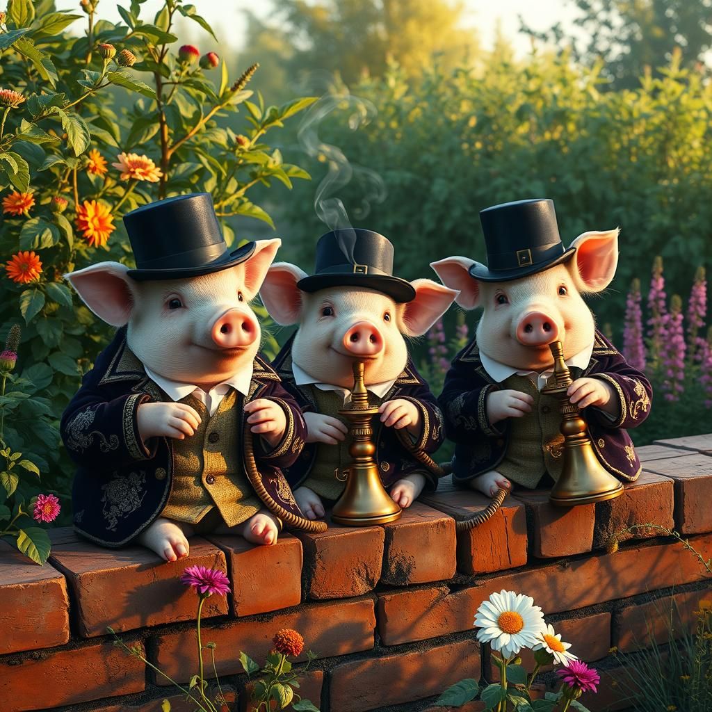 Pigs Lounging with Hookahs in Lush Landscape