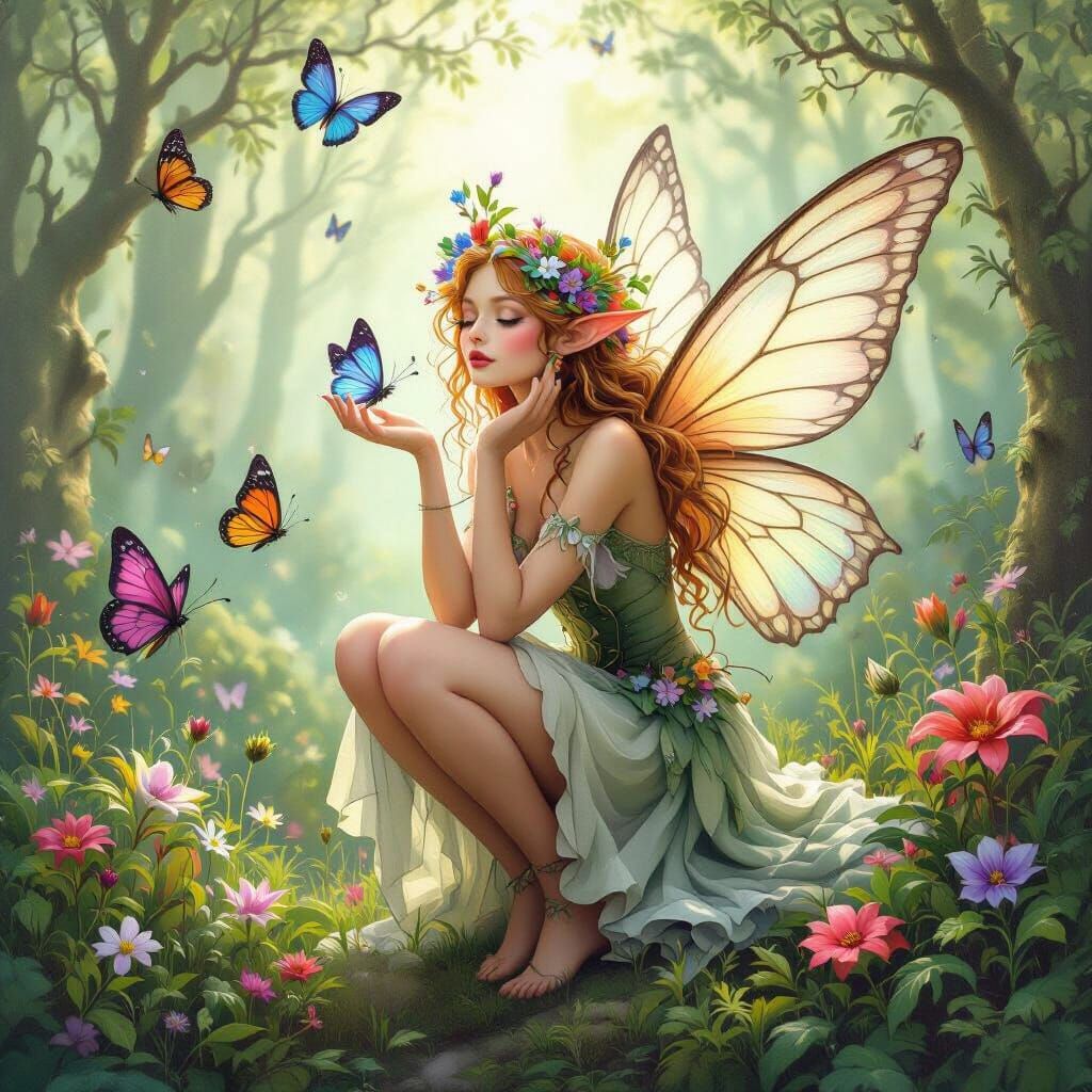 Enchanted Fairy with Butterflies in Fantasy Art Style