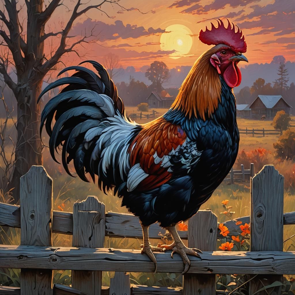 Rooster Crowing at Sunrise in Baroque Style