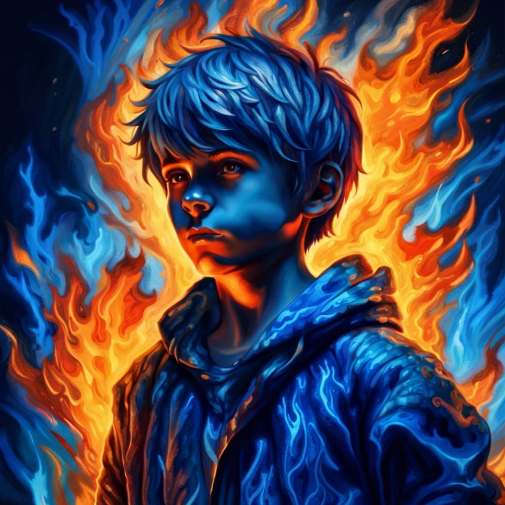 Boy Made of Blue Fire in Hyperrealistic Style