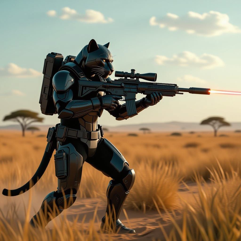 Sci-Fi Panther Prowls Savannah with Laser Rifle