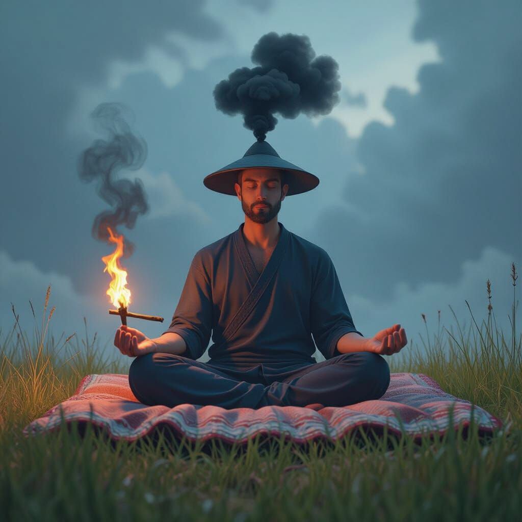 Man Meditating on Floating Blanket, Fiery Stick, Gloomy Sky