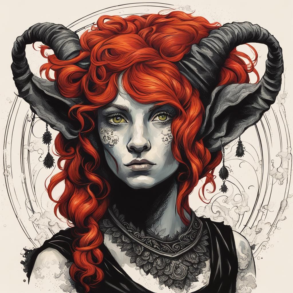 Red-Haired Female Satyr in Black Attire