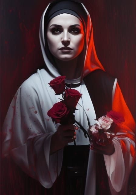 Dark Nun Praying with Roses as Detailed Oil Painting