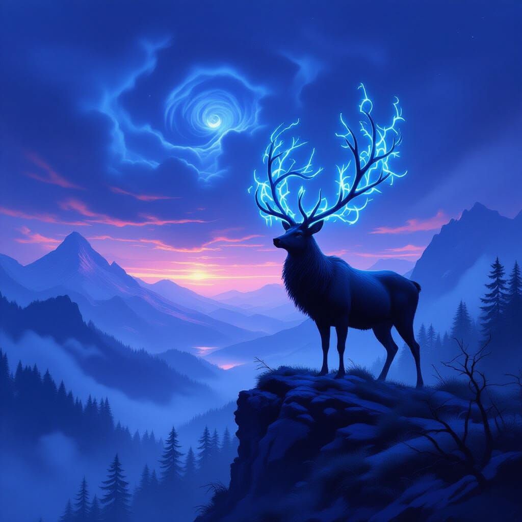 Majestic Stag with Glowing Vines on Misty Peak