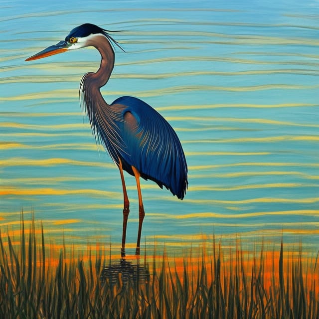 Heron in Bayou at Golden Hour, Gouache Style
