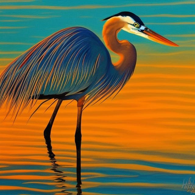 Blue Heron at Sunrise in Gouache Style