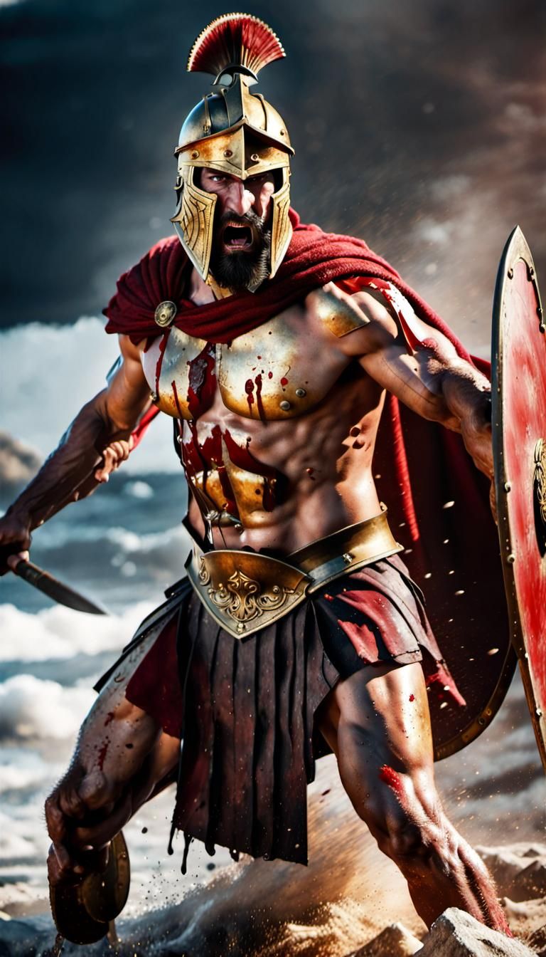Epic Spartan Warrior Leonidas in Beach Battle